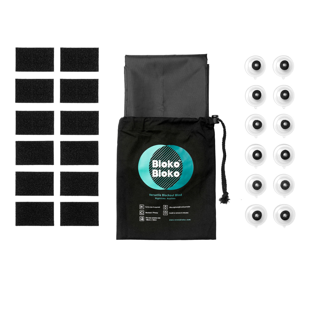 Large size BlokoBloko blockout blind. Comes with 12 customised suction cups and 12 velcro strips. All packed in a handy cotton canvas drawstring bag.